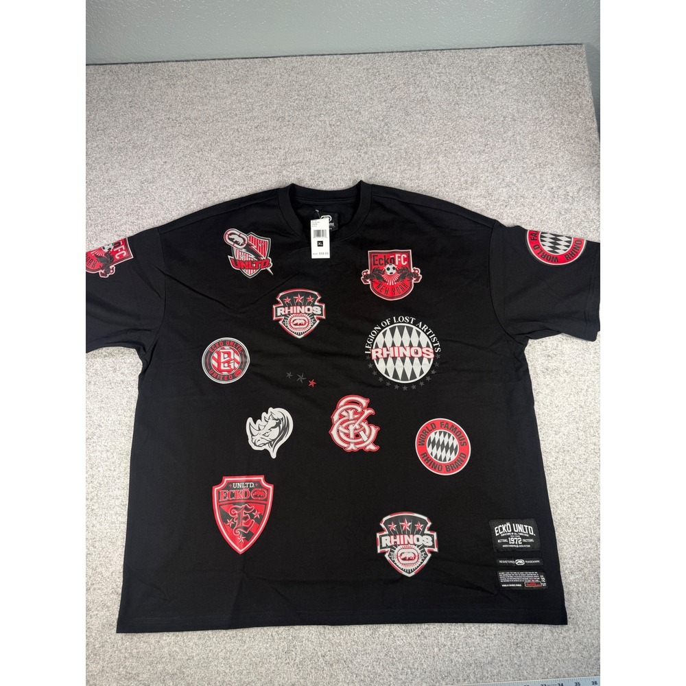 Ecko Unltd Mens XL Black Heavyweight Multi Patch Graphic T-Shirt EO15K1983 NWT